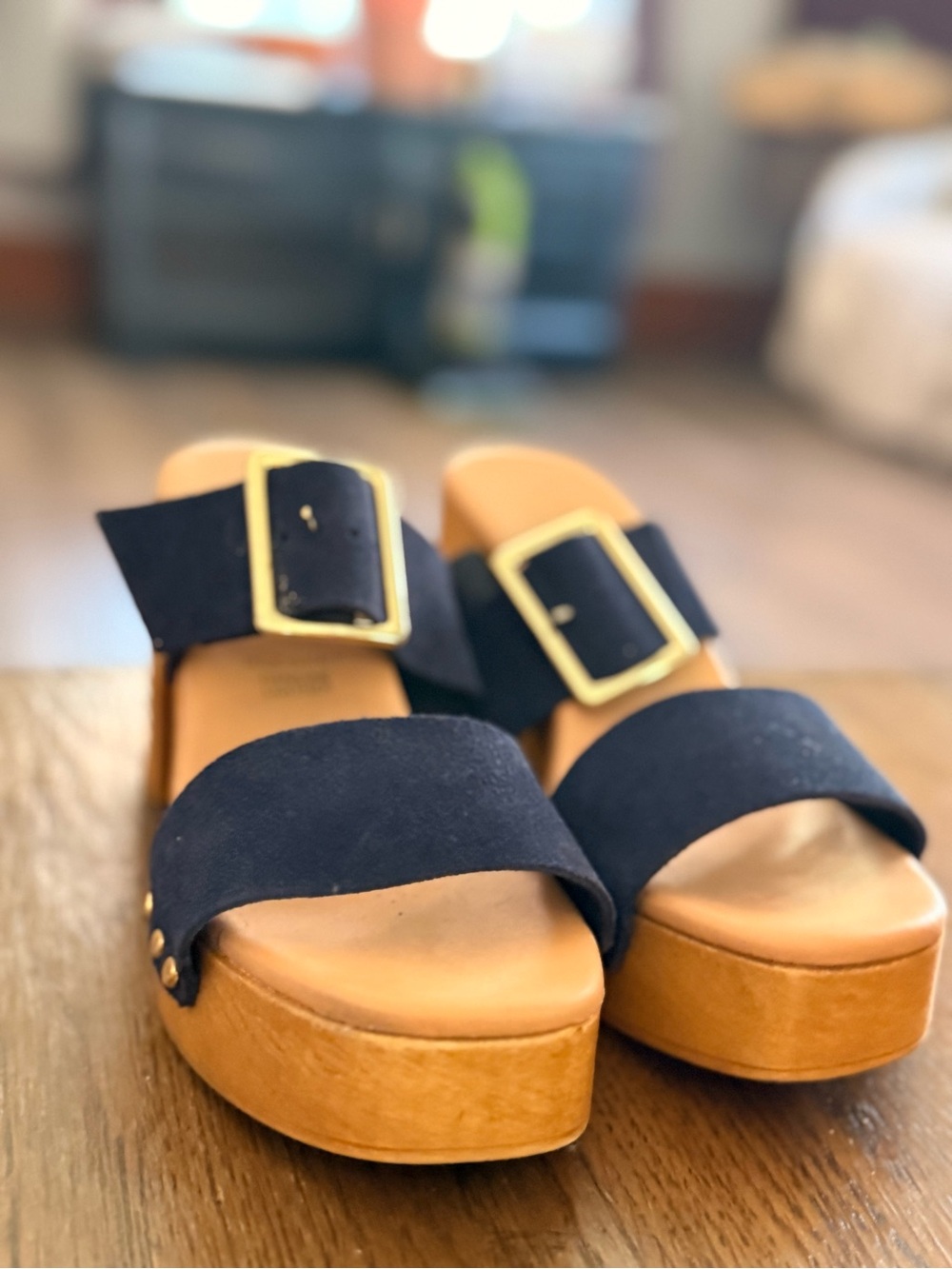 Platform Block Heel Sandals in Navy with Gold Studs - Picture 9 of 9